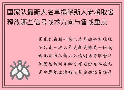 国家队最新大名单揭晓新人老将取舍释放哪些信号战术方向与备战重点 国家队最新大名单揭晓新人老将取舍释放哪些信号战术方向与备战重点