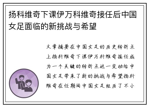 扬科维奇下课伊万科维奇接任后中国女足面临的新挑战与希望